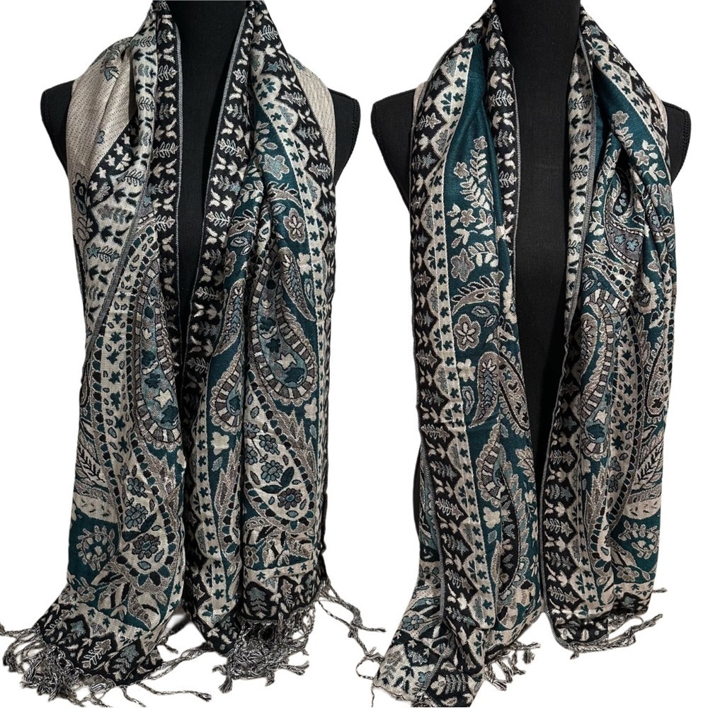 Elegant Shawl Wrap Scarf Double-Sided Super Soft Rayon Silver Emerald Green - Picture 6 of 17